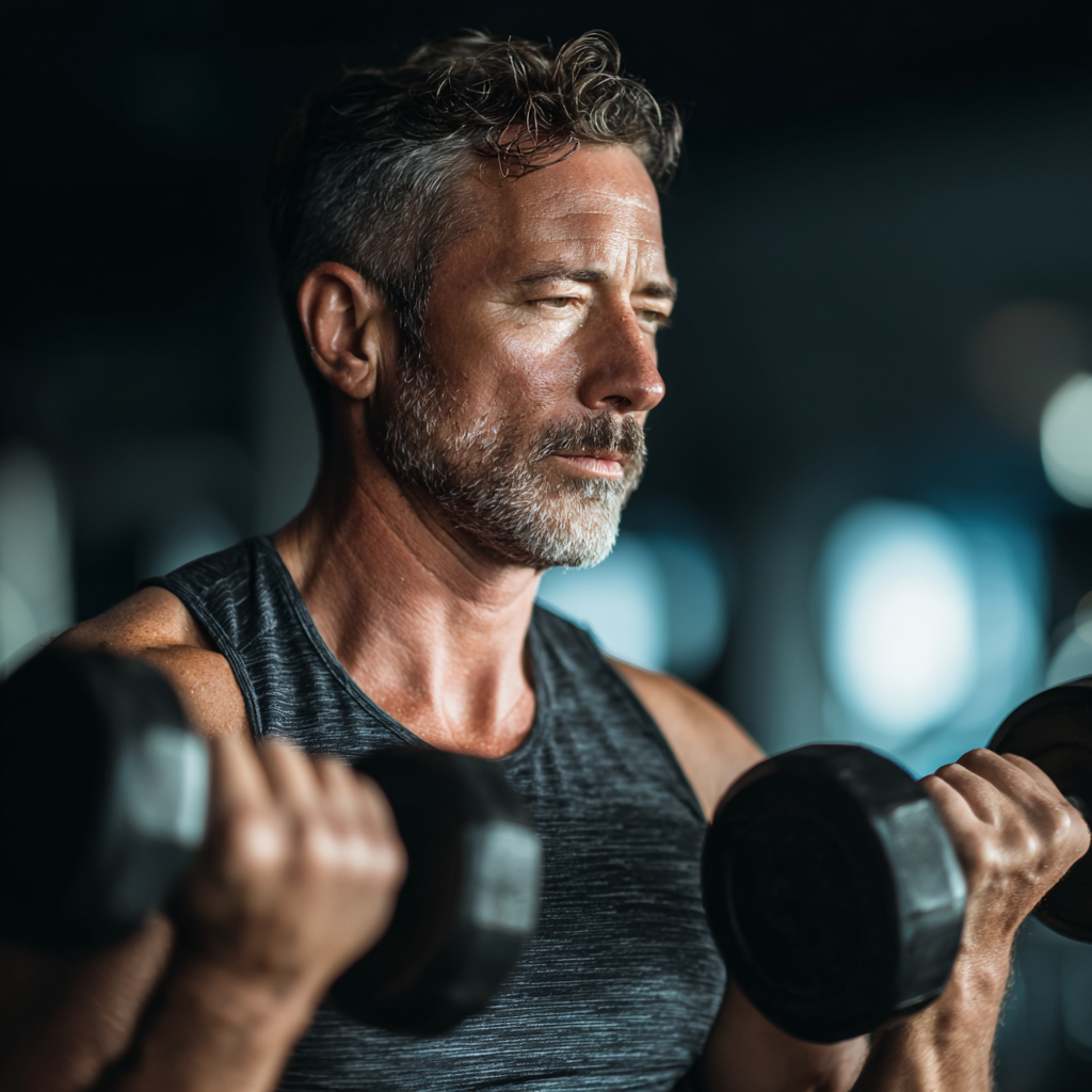 Middle-aged person doing strength training with dumbbells in modern gym